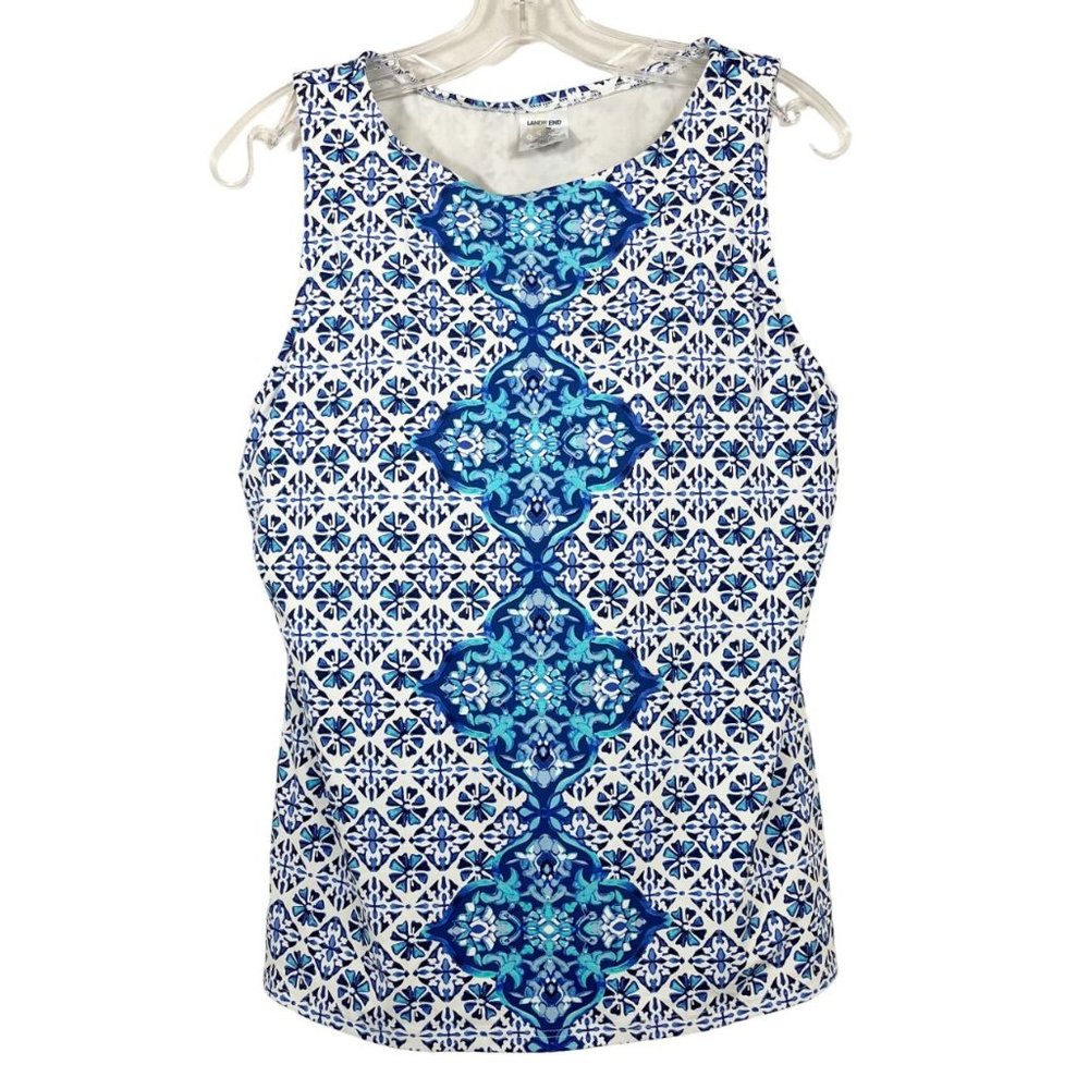 Lands’ End Womens Deep Sea Medallion High Neck Tankini Swim Top Size 14 DDD